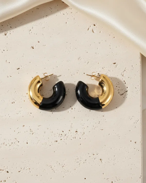 Gold_And_Black_Two_Tone_Steel_Chunky_C_Hoop_Earrings_For_Women