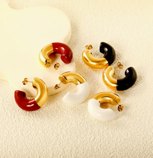 Gold_And_Black_Two_Tone_Steel_Chunky_C_Hoop_Earrings_For_Women