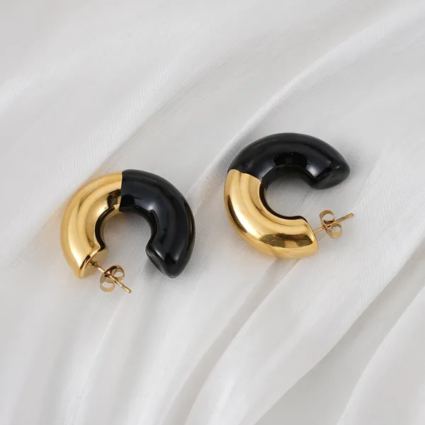 Gold_And_Black_Two_Tone_Steel_Chunky_C_Hoop_Earrings_For_Women