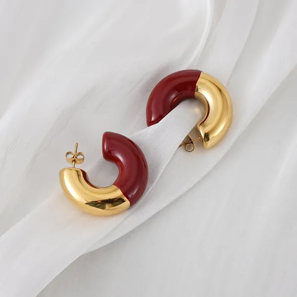Gold_And_Red_Two_Tone_Steel_Chunky_C_Hoop_Earrings_For_Women