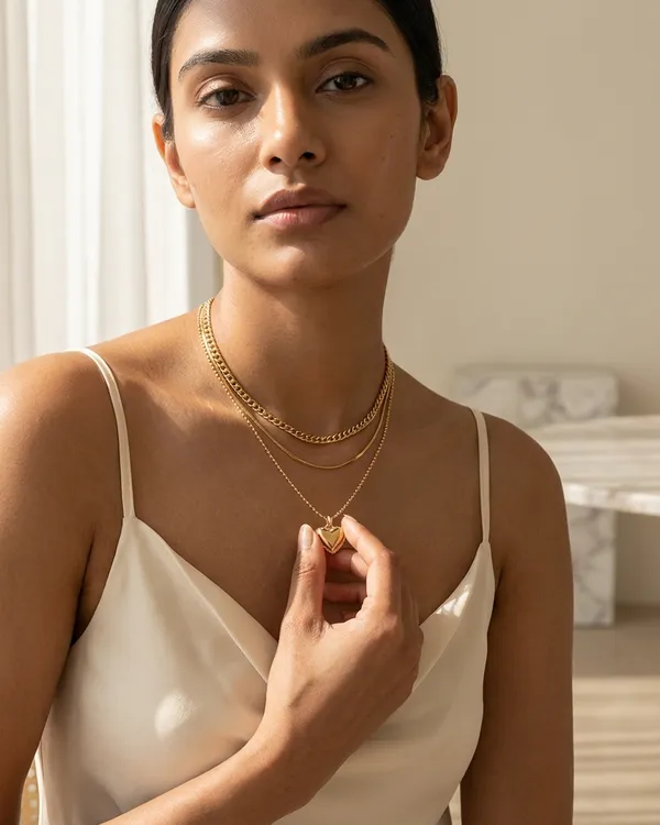 Gold_Steel_Heart_Pendant_Layered_Necklace_For_Women