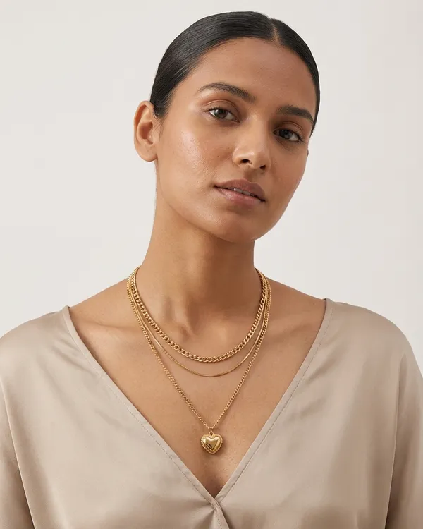 Gold_Steel_Heart_Pendant_Layered_Necklace_For_Women