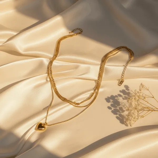 Gold_Steel_Heart_Pendant_Layered_Necklace_For_Women