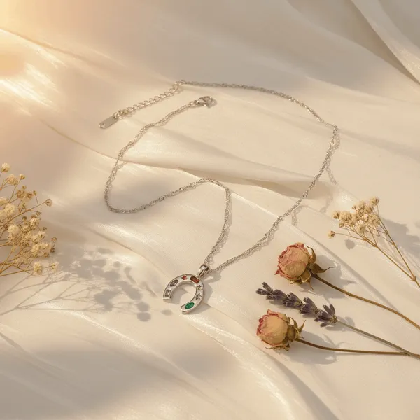 Silver_Steel_Horseshoe_Multi_Stone_Chain_Necklace_For_Women