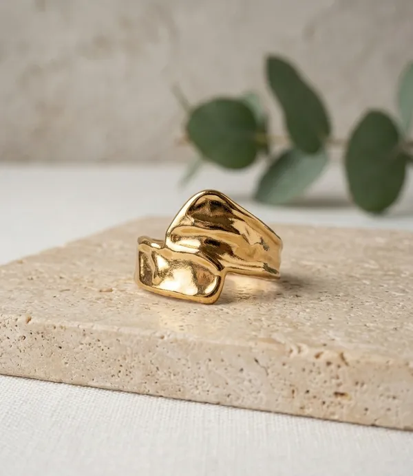 Gold_Steel_Molten_Sculptural_Freeform_Ring_For_Women