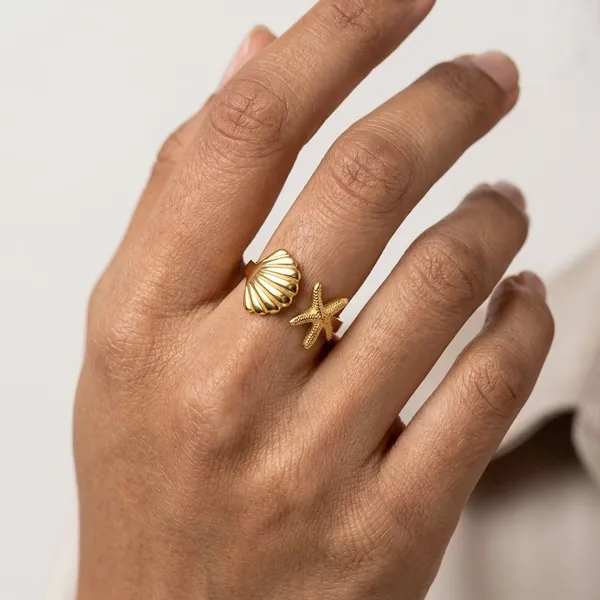 Gold_Steel_Shell_Starfish_Open_Ring_For_Women