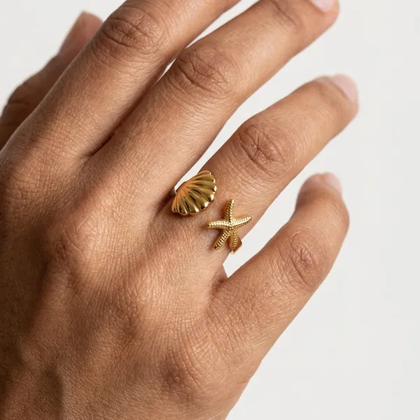 Gold_Steel_Shell_Starfish_Open_Ring_For_Women