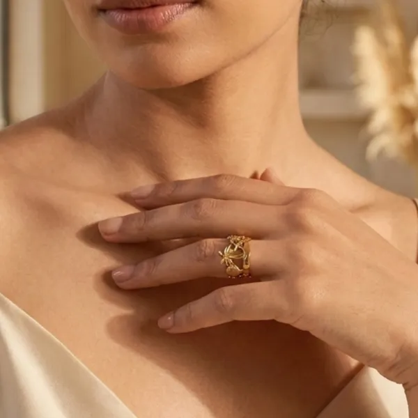 Gold_Steel_Floral_Botanical_Wrap_Ring_For_Women