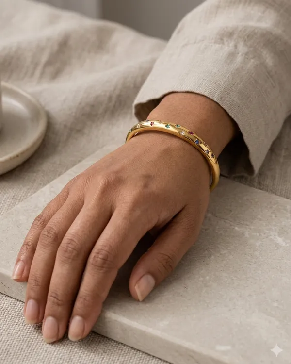 Gold_Steel_Multicolor_Star_Charm_Cuff_Bracelet_For_Women