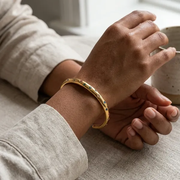 Gold_Steel_Multicolor_Star_Charm_Cuff_Bracelet_For_Women