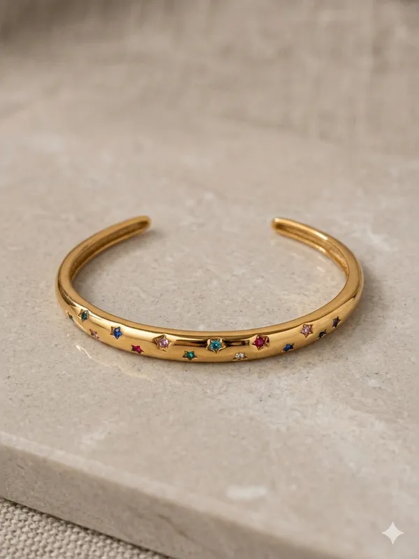 Gold_Steel_Multicolor_Star_Charm_Cuff_Bracelet_For_Women