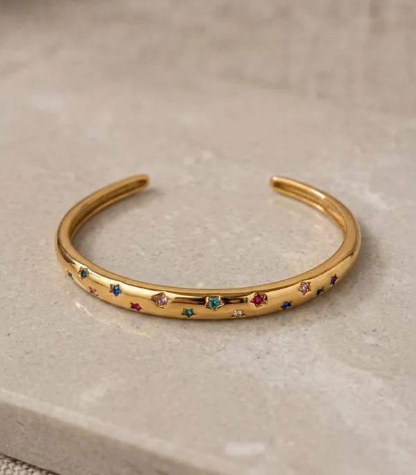 Gold_Steel_Multicolor_Star_Charm_Cuff_Bracelet_For_Women