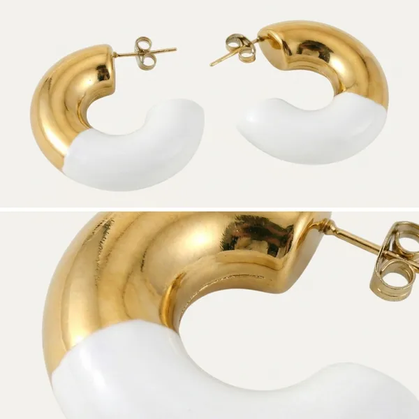 Gold_And_White_Two_Tone_Steel_Chunky_C_Hoop_Earrings_For_Women