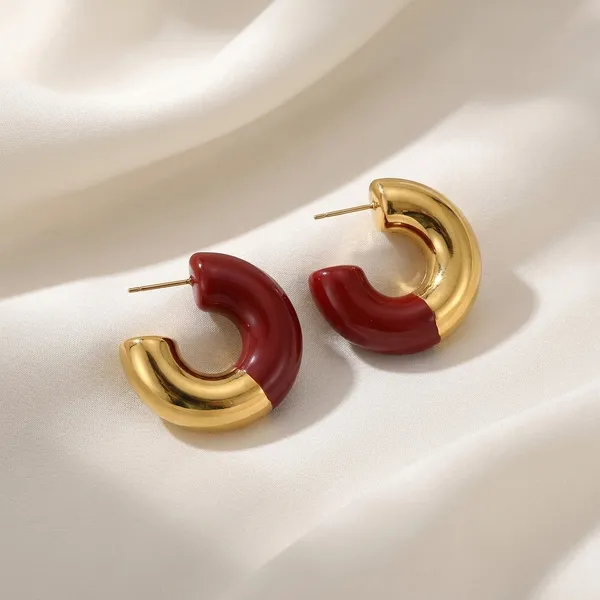 Gold_And_Red_Two_Tone_Steel_Chunky_C_Hoop_Earrings_For_Women