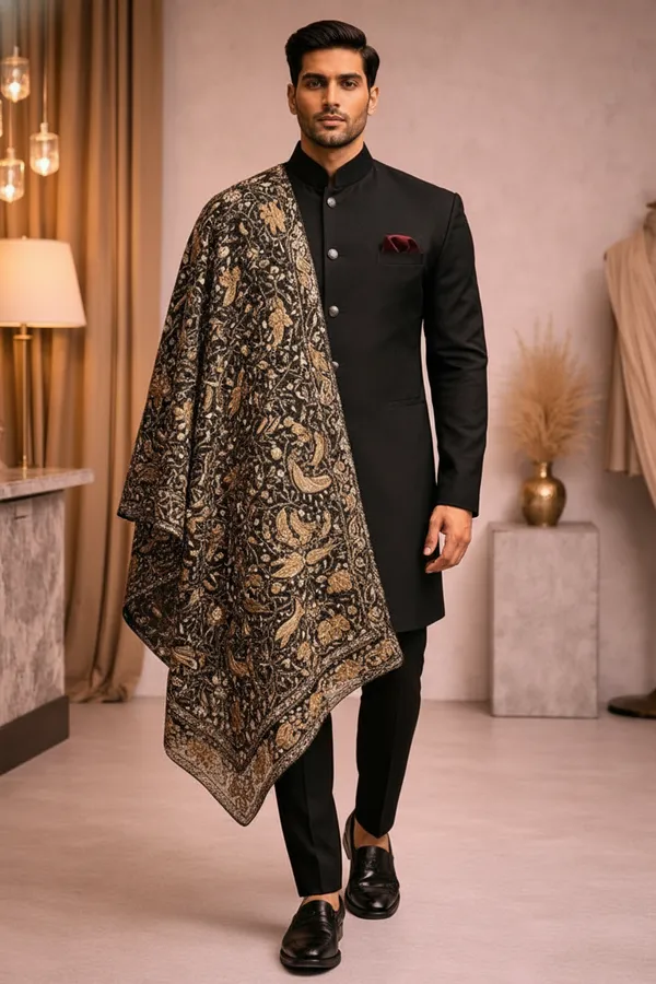 Black_Indo_Western_Achkan_With_Heavy_Embroidered_Dupatta
