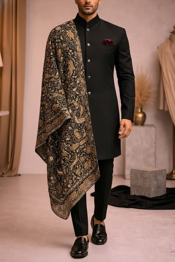 Black_Indo_Western_Achkan_With_Heavy_Embroidered_Dupatta