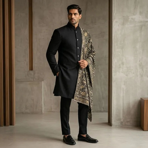 Black_Indo_Western_Achkan_With_Heavy_Embroidered_Dupatta
