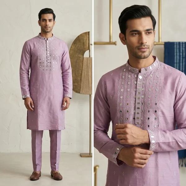 Lavender_Real_Mirror_Work_Kurta_For_Men