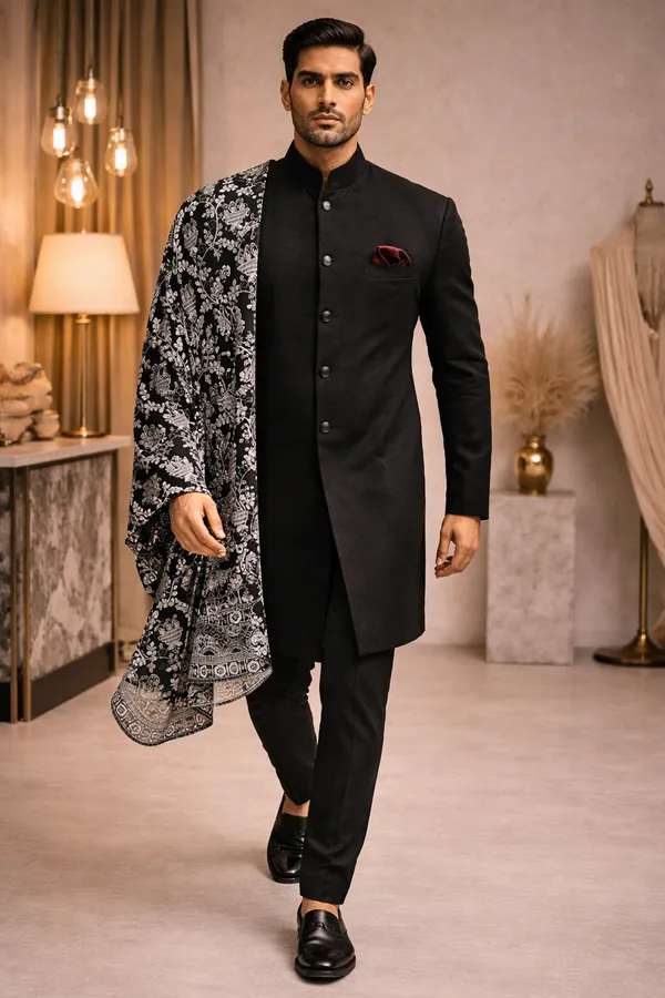 Black_Indo_With_Off_White_Thread_Work_Dupatta_For_Men