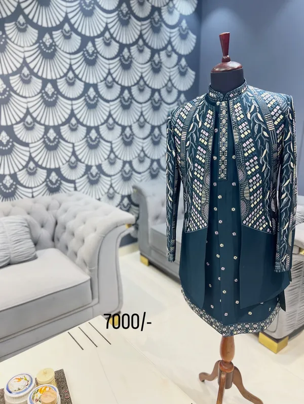 Teal_Peacock_Blue_Threadwork_Open_Shrug_Set_For_Men