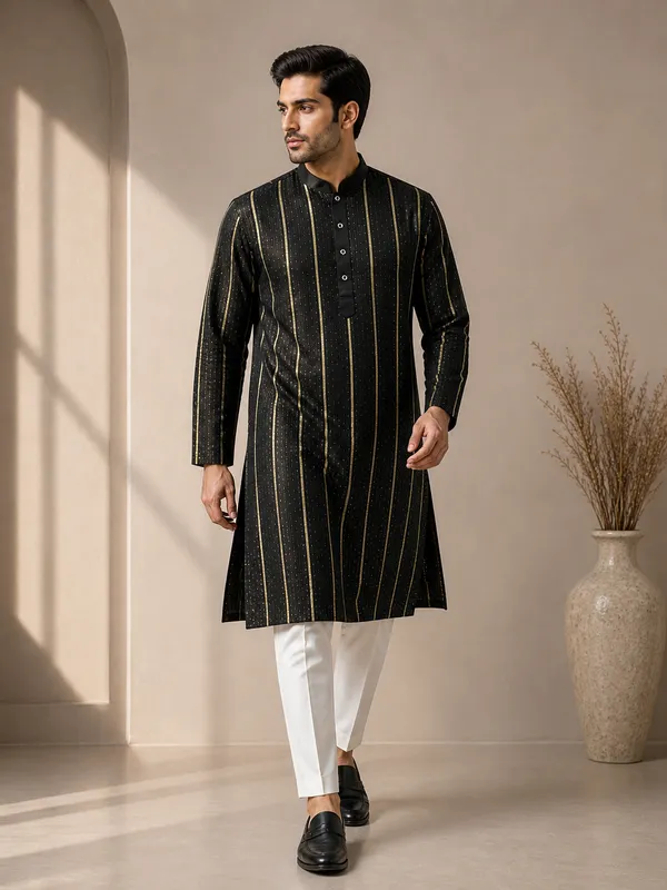 Black_Cotton_Georgette_Blend_Striped_Kurta_With_White_Pajama_For_Men