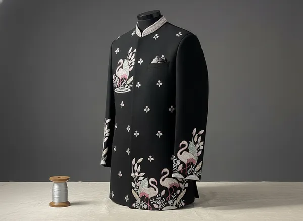 Black_Hand_Embroidered_Achkan_Indowestern_For_Men