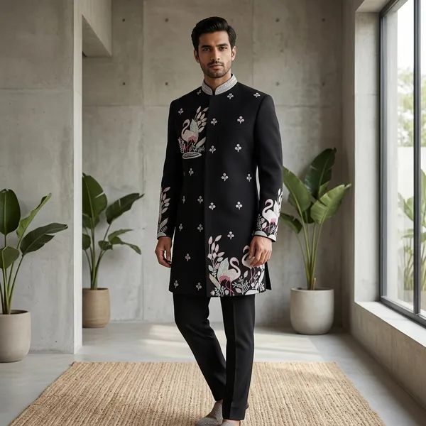 Black_Hand_Embroidered_Achkan_Indowestern_For_Men