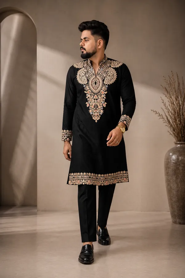 Black_V_Neck_Embroidered_Thread_Work_Kurta_For_Men