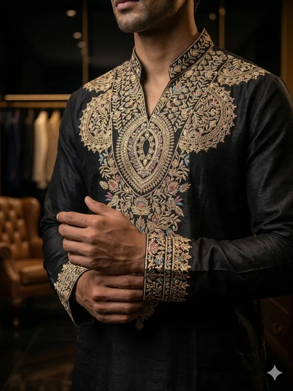 Black_V_Neck_Embroidered_Thread_Work_Kurta_For_Men