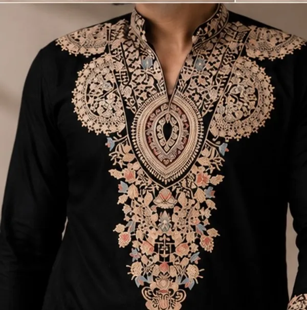 Black_V_Neck_Embroidered_Thread_Work_Kurta_For_Men