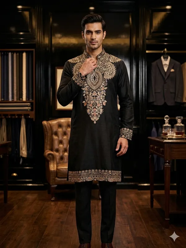 Black_V_Neck_Embroidered_Thread_Work_Kurta_For_Men