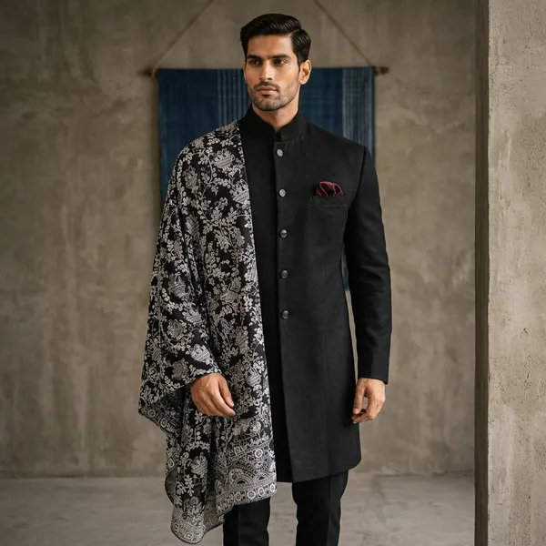 Black_Indo_With_Off_White_Thread_Work_Dupatta_For_Men