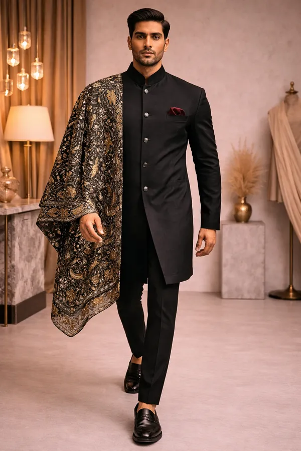 Black_Indo_Western_Achkan_With_Heavy_Embroidered_Dupatta