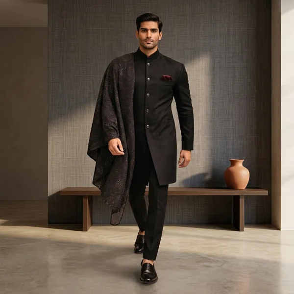 Black_Achkan_Indowestern_For_Men_With_Georgette_Thread_Work_Dupatta