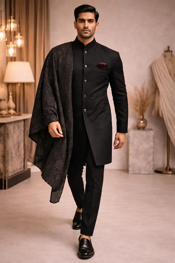 Black_Achkan_Indowestern_For_Men_With_Georgette_Thread_Work_Dupatta