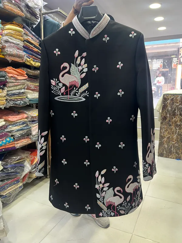 Black_Hand_Embroidered_Achkan_Indowestern_For_Men