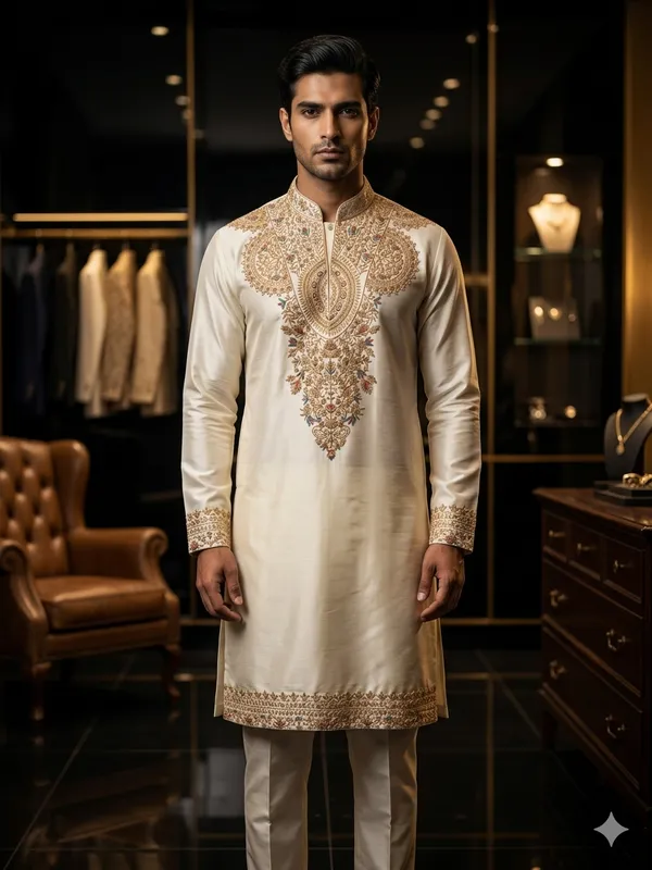 V_Neck_Thread_Work_Kurta_For_Men_In_Cotton_Japanese