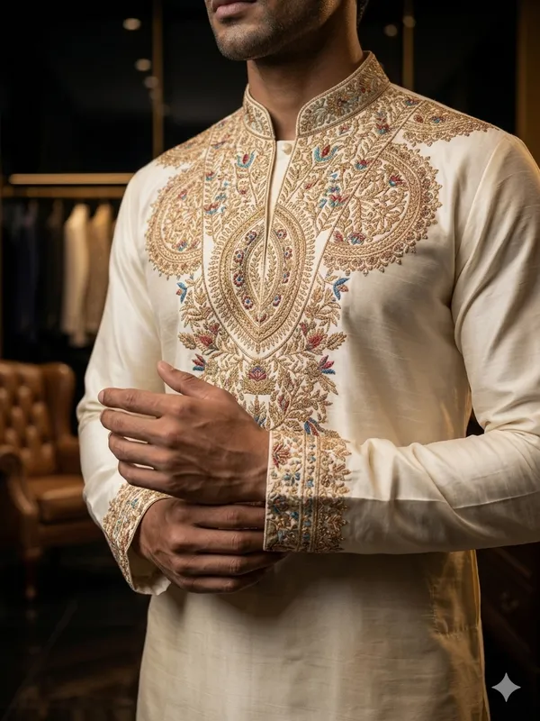V_Neck_Thread_Work_Kurta_For_Men_In_Cotton_Japanese