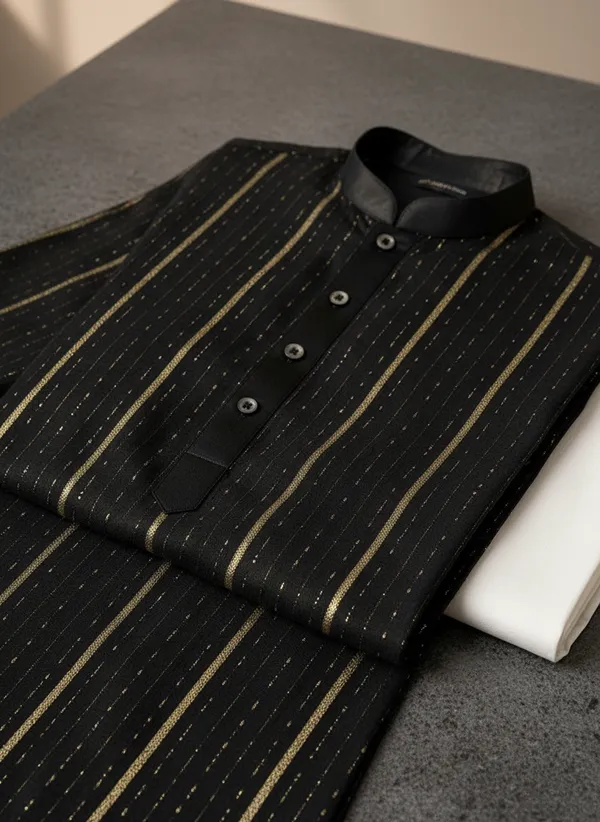 Black_Cotton_Georgette_Blend_Striped_Kurta_With_White_Pajama_For_Men