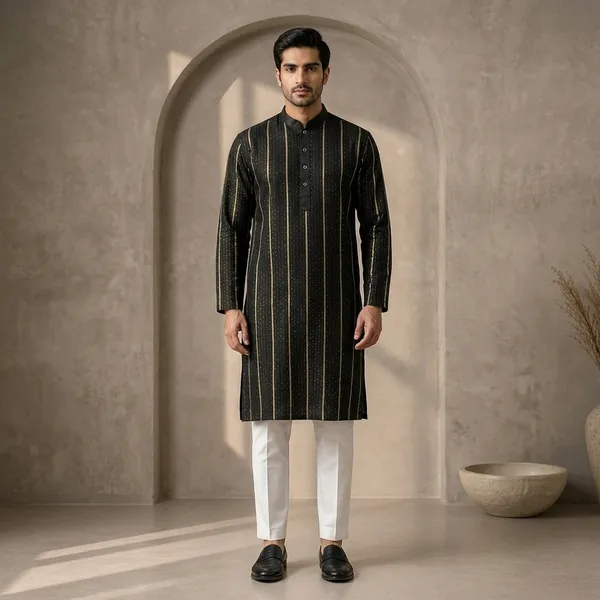 Black_Cotton_Georgette_Blend_Striped_Kurta_With_White_Pajama_For_Men