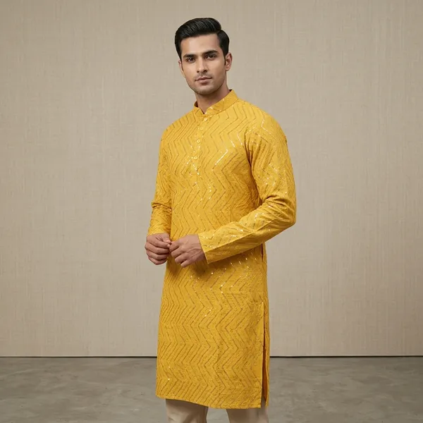 Yellow_Haldi_Shimmer_Kurta_For_Men