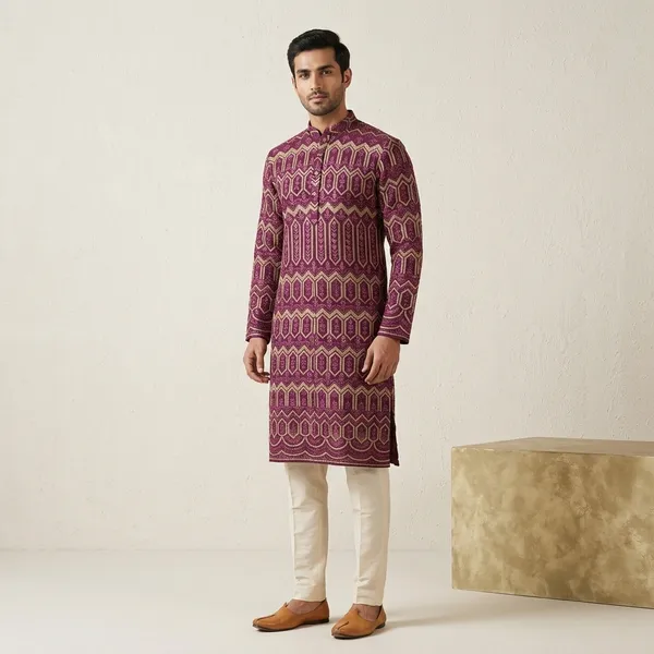 Maroon_Pure_Georgette_Thread_Work_Zari_Kurta_For_Men