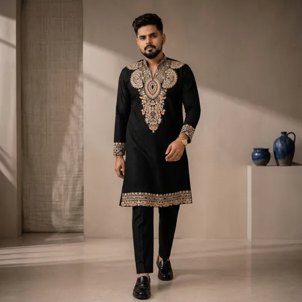 Black_V_Neck_Embroidered_Thread_Work_Kurta_For_Men