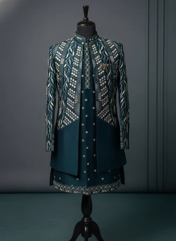 Teal_Peacock_Blue_Threadwork_Open_Shrug_Set_For_Men