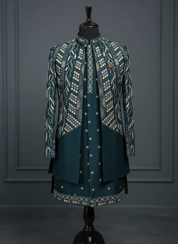 Teal_Peacock_Blue_Threadwork_Open_Shrug_Set_For_Men