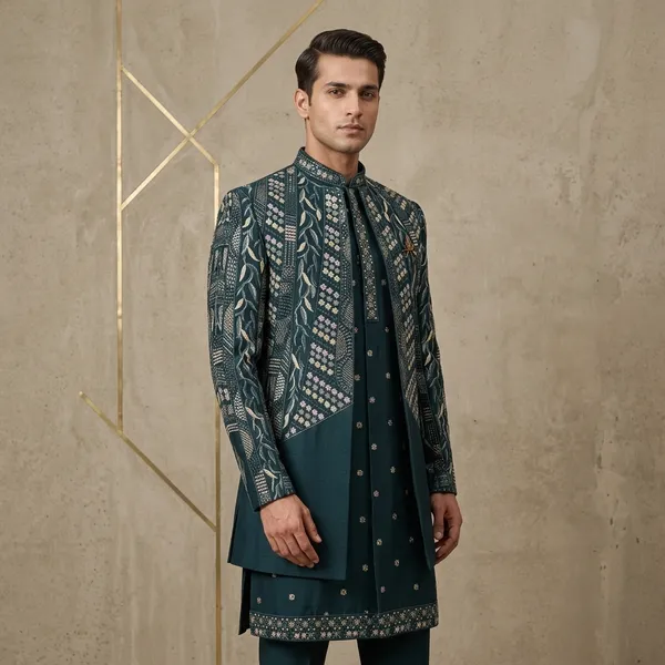 Teal_Peacock_Blue_Threadwork_Open_Shrug_Set_For_Men