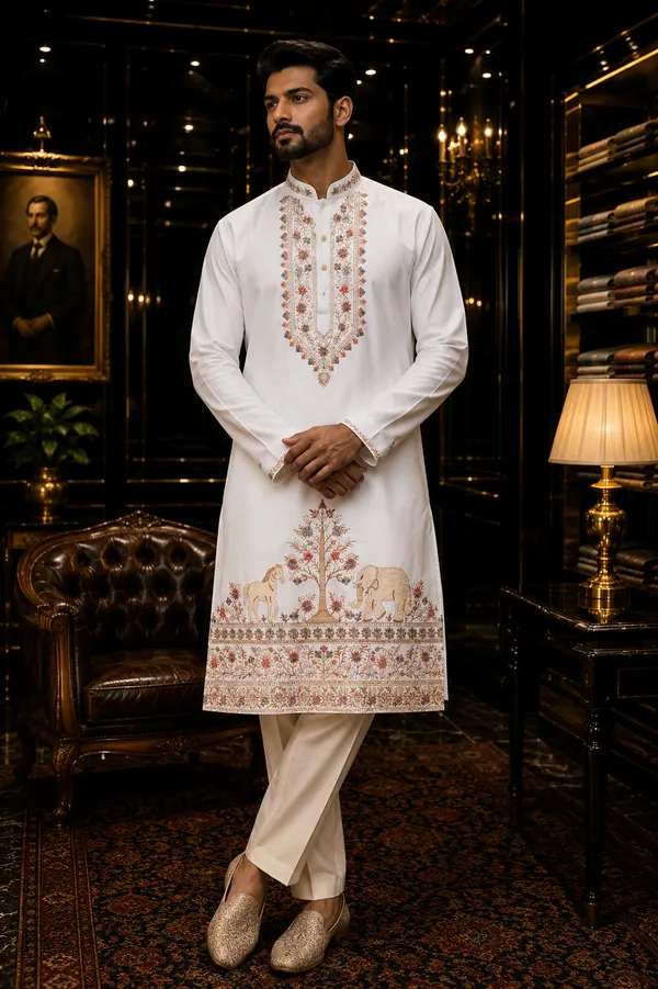 Off_White_Thread_Work_Elvish_Rao_Sahab_Kurta_With_Dupatta_For_Men