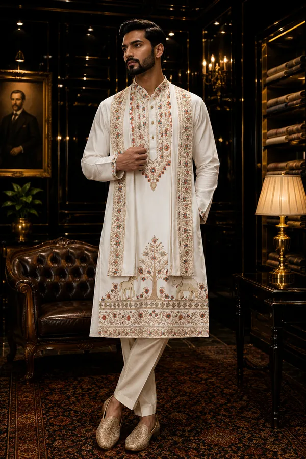 Off_White_Thread_Work_Elvish_Rao_Sahab_Kurta_With_Dupatta_For_Men