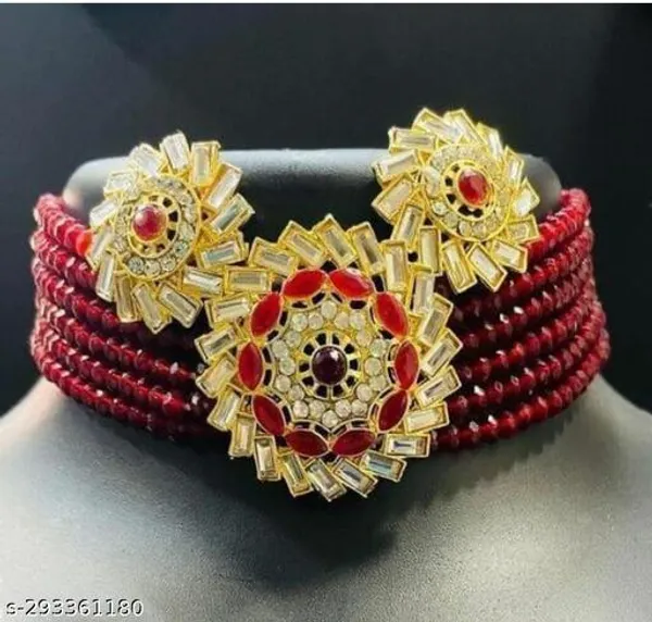 Luxurious_Red_Beaded_Choker_Necklace_With_Gold_Floral_Motifs_Central_Gemstone_Detailing_Traditional_Bridal_Jewelry_Premium_Ethnic_Accessory_For_Weddings_Festive_Gifting_And_Lifestyle_Fashion_Statement
