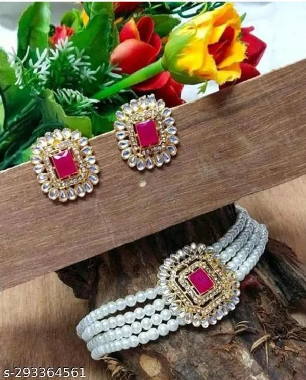 Bridal_Pearl_Choker_Jewelry_Set_Gold_Plated_Kundan_Design_Matching_Stud_Earrings_Pink_Stone_Centerpiece_Traditional_Ethnic_Festive_Accessory_Wedding_Party_Jewelry_For_Women_Girls